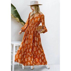 Burnt Orange Floral Blouson Sleeve Smocked Waist Maxi Dress (Cupshe)